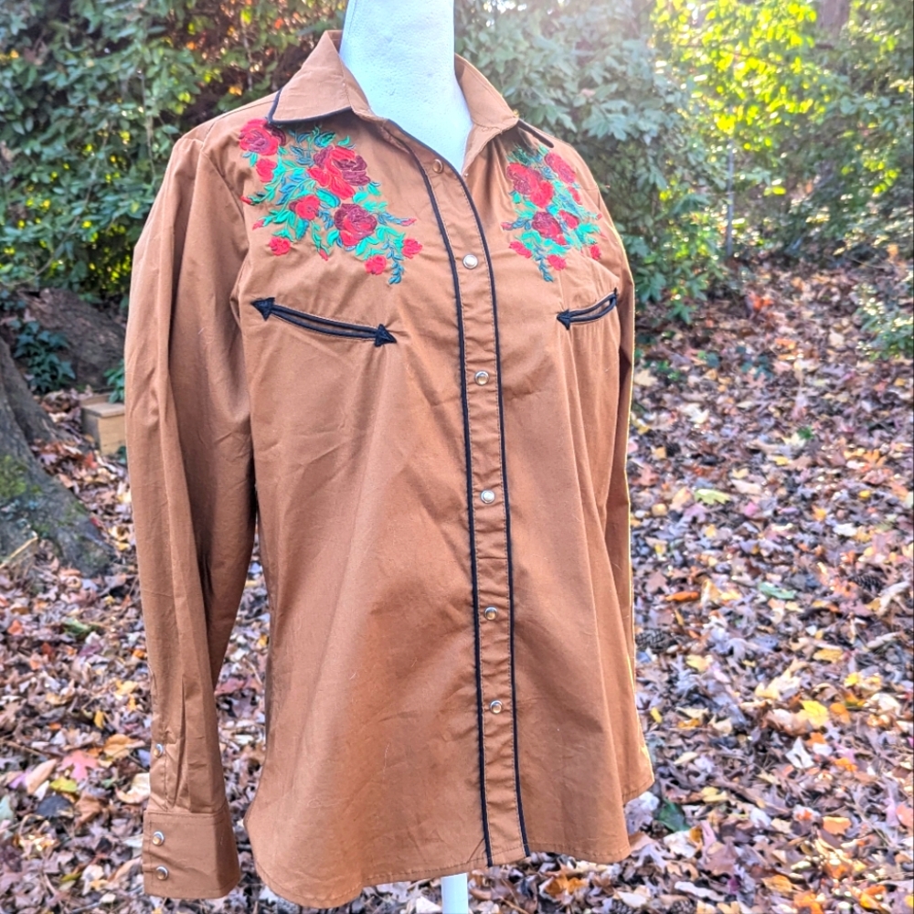 Danesi Punchy Western Shirt Women's Medium Brown Pearl Snap Embroidered